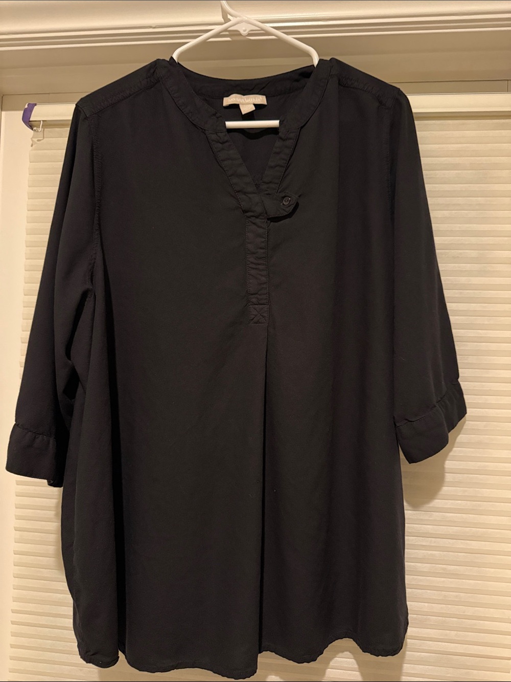 Woman Within Black Split V-Neck Tunic with Roll-Tab Sleeves